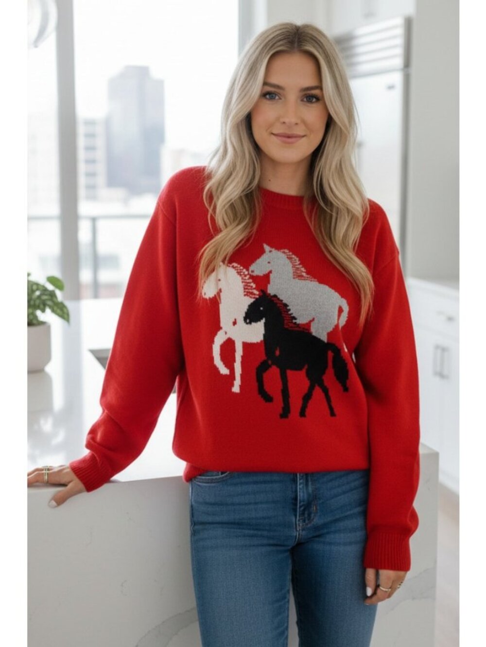Horse Knit Equestrian Western Cowgirl Round Neck Long Sleeve Preppy Sweater